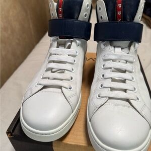 Prada White and Blue High-Top Sneakers